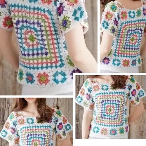Modèle chic pull avec petites manches ,multicolore en carré grand mère au crochet ,  pour femme .patron tutoriels anglais en for