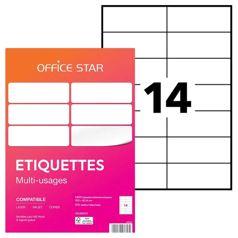 Office Star - 1400 Étiquettes multi-usages blanches - 105 x 42,4 mm - réf OS43653