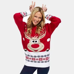 Pull de Nol pour Femme Rouge avec Renne et Neige
