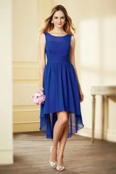 Robe chic bleu de gala col rond & courte devant longue derrière