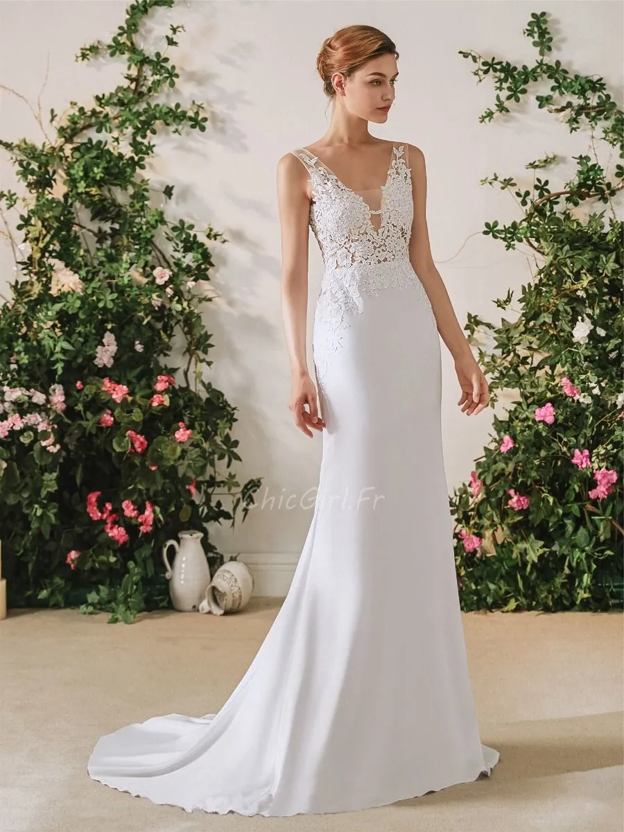 Robe De Mariée Sirène Chic Satin Haut Dentelle Transparente